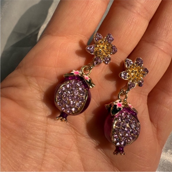 New! Purple and Gold Pomegranate Floral Earrings - Picture 3 of 7